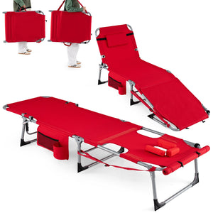 Set of 2 Tanning Chairs with Face Arm Holes Portable with 4-Level Backrest-Red view 4