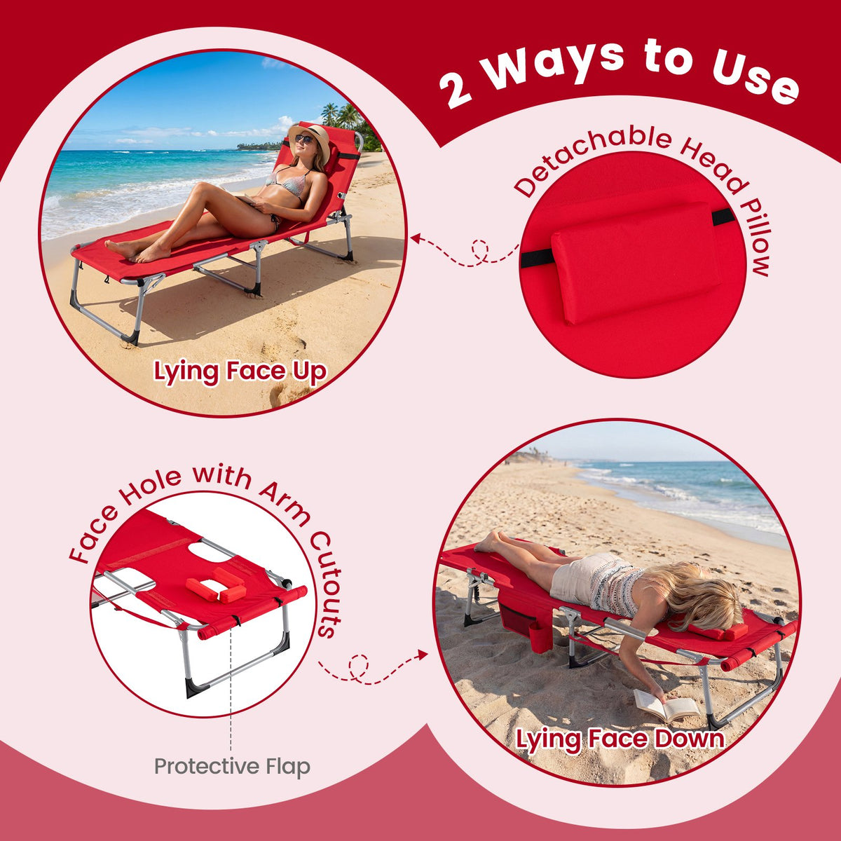 Set of 2 Tanning Chairs with Face Arm Holes Portable with 4-Level Backrest-Red view 7