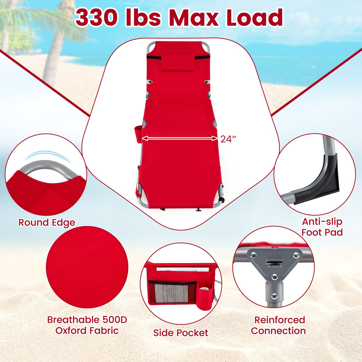 Set of 2 Tanning Chairs with Face Arm Holes Portable with 4-Level Backrest-Red view 8
