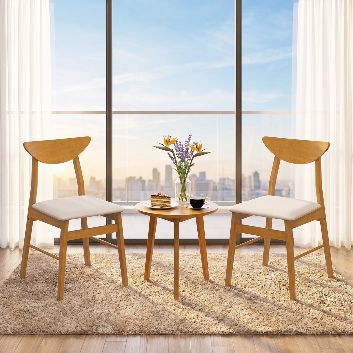Set of 2 Upholstered Dining Chairs with Curved Backrest and Rubber Wood Frame-Natural view 2