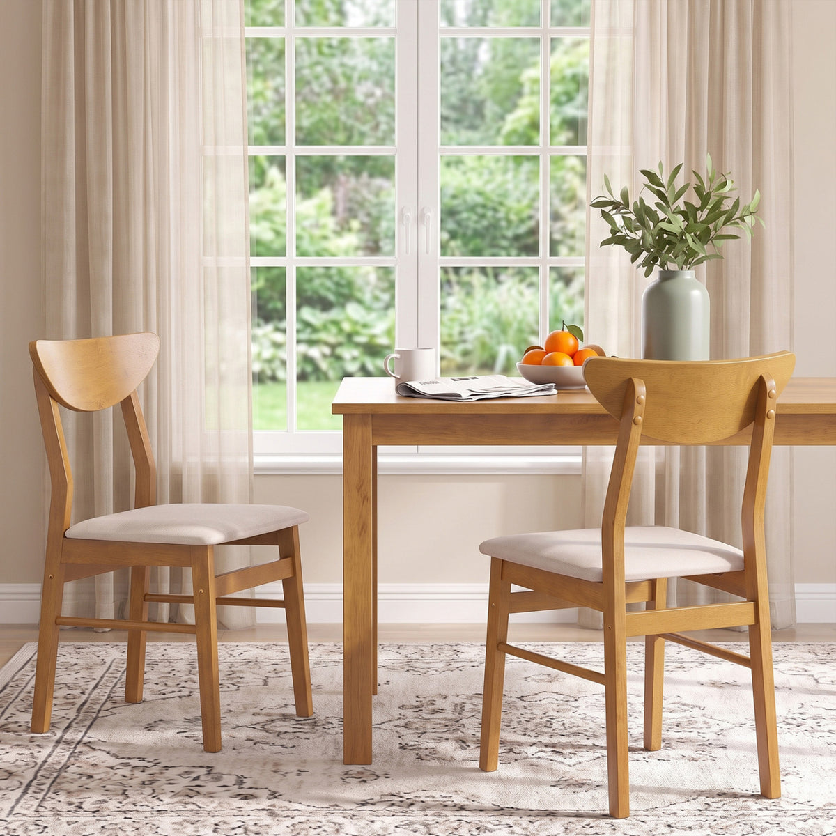 Set of 2 Upholstered Dining Chairs with Curved Backrest and Rubber Wood Frame-Natural view 3