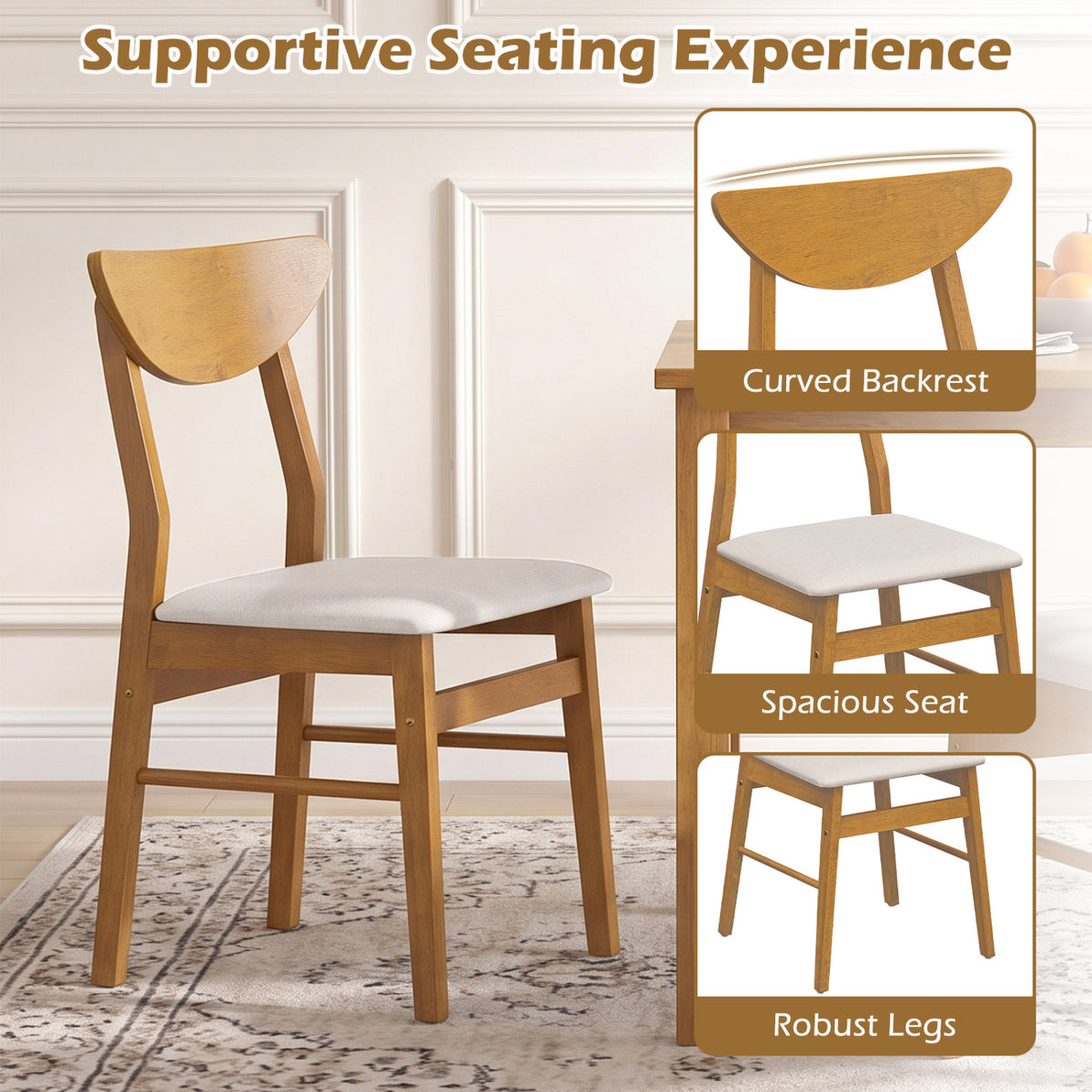 Set of 2 Upholstered Dining Chairs with Curved Backrest and Rubber Wood Frame-Natural view 5