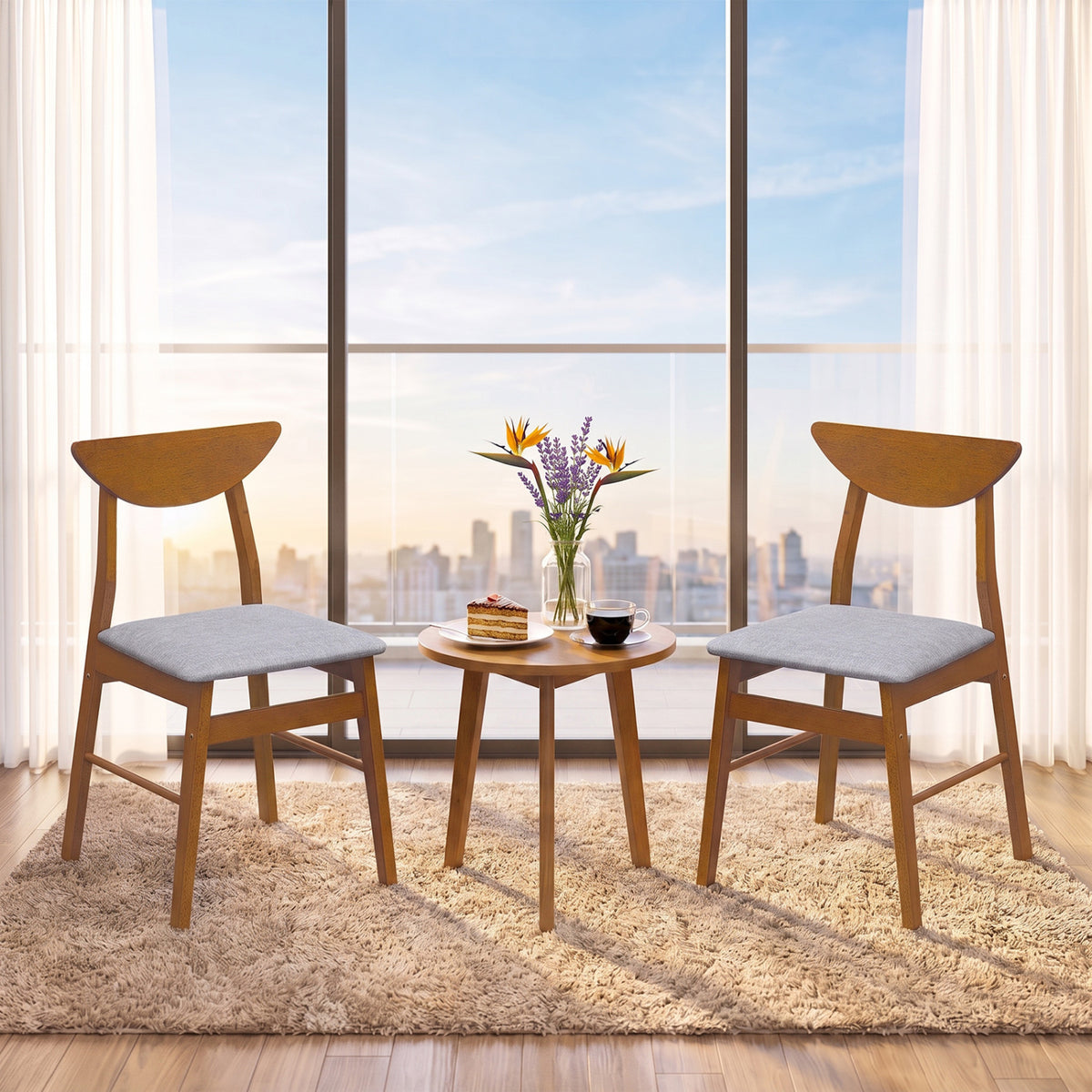 Set of 2 Upholstered Dining Chairs with Curved Backrest and Rubber Wood Frame-Walnut view 2