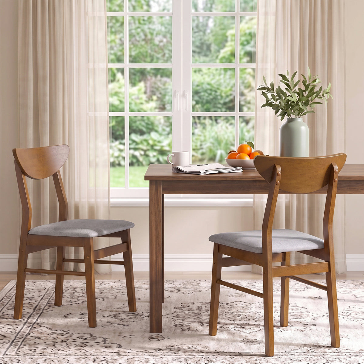 Set of 2 Upholstered Dining Chairs with Curved Backrest and Rubber Wood Frame-Walnut view 3