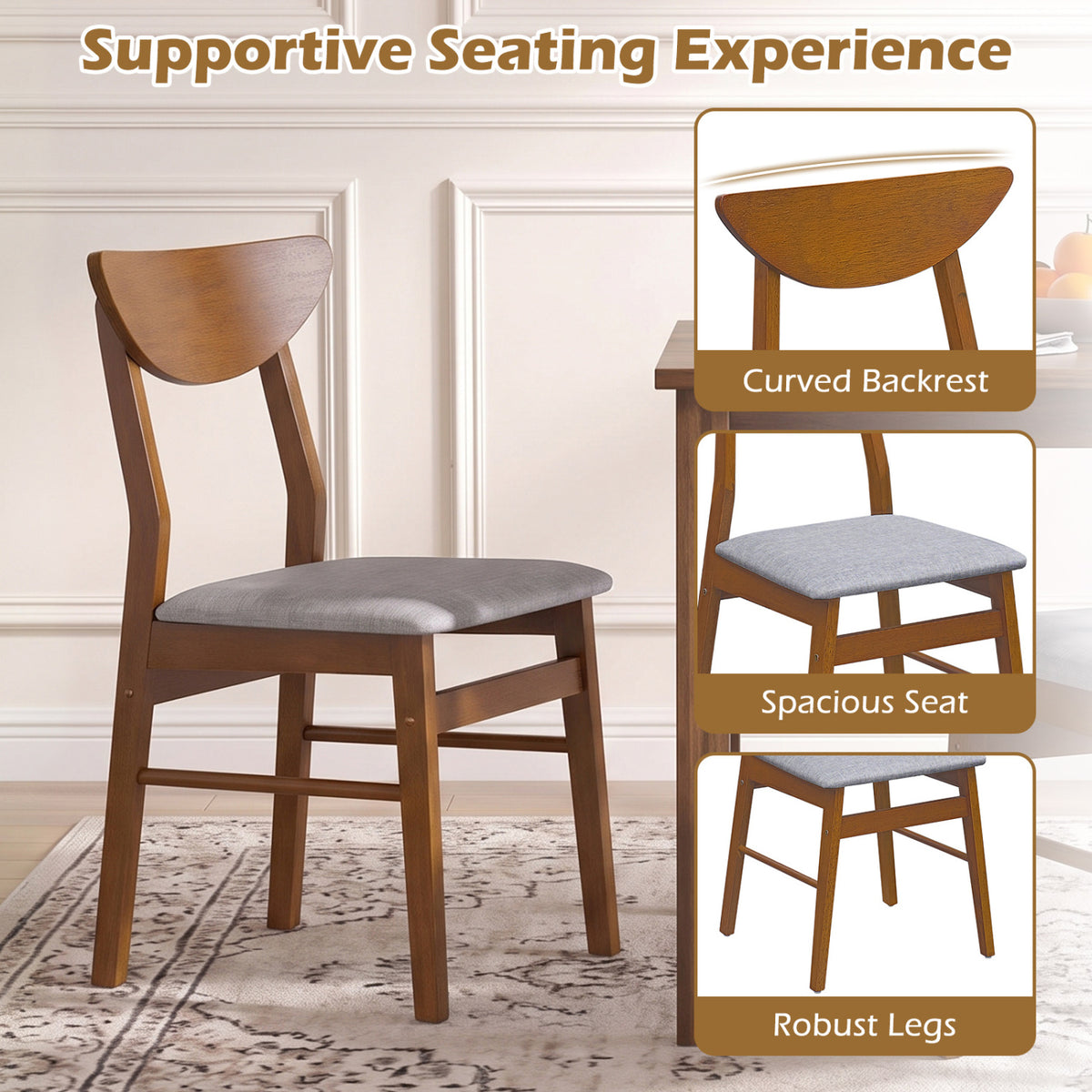 Set of 2 Upholstered Dining Chairs with Curved Backrest and Rubber Wood Frame-Walnut view 5