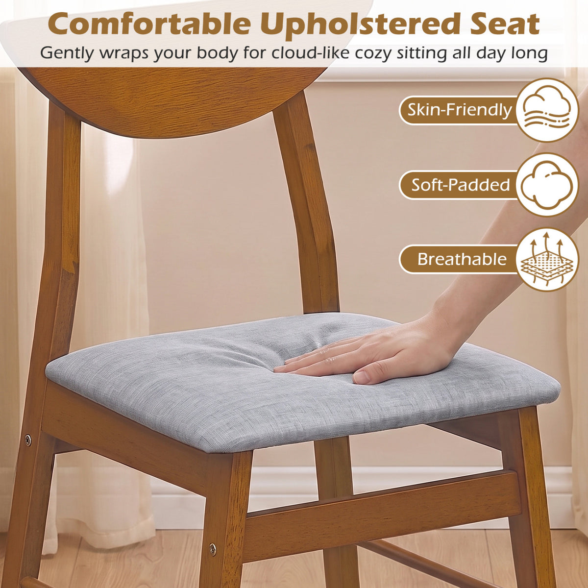Set of 2 Upholstered Dining Chairs with Curved Backrest and Rubber Wood Frame-Walnut view 6