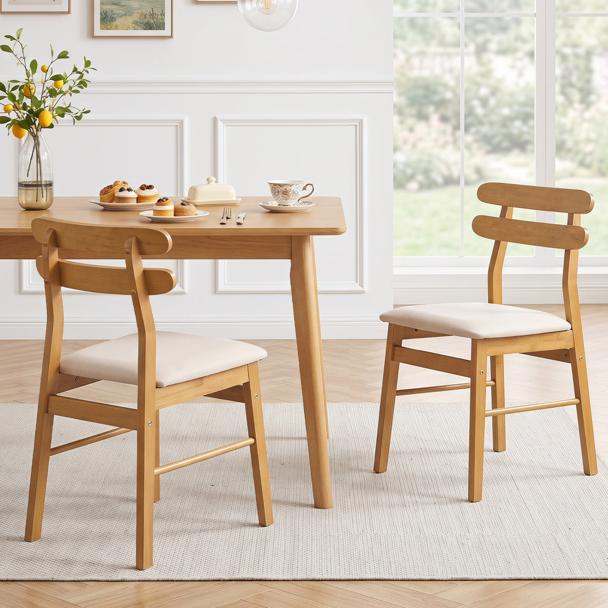 Set of 2 Upholstered Dining Chairs with Padded Seat and Solid Wood Legs-Natural view 5
