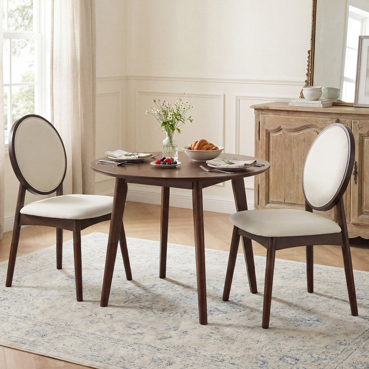 Set of 2 Upholstered Linen Fabric Kitchen Side Chairs with Padded Seat-Beige view 2