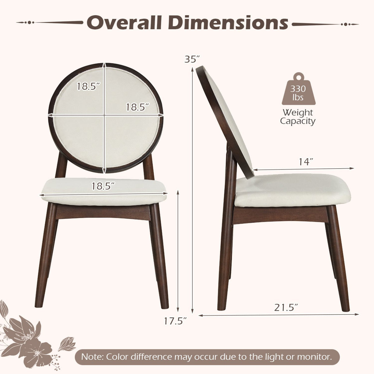 Set of 2 Upholstered Linen Fabric Kitchen Side Chairs with Padded Seat-Beige view 4