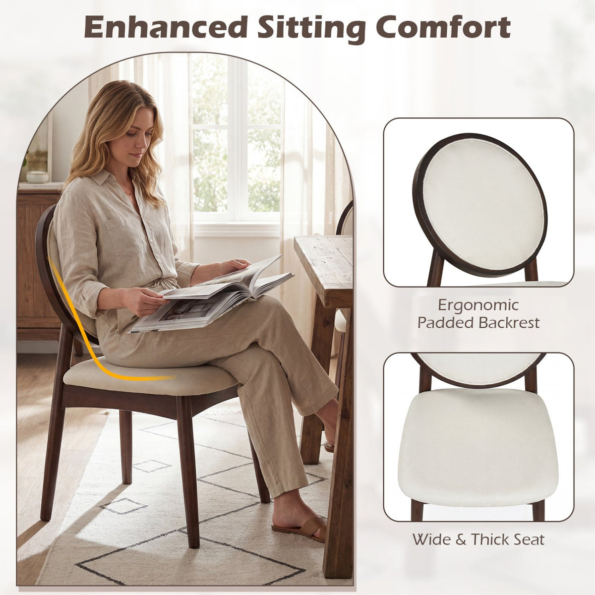 Set of 2 Upholstered Linen Fabric Kitchen Side Chairs with Padded Seat-Beige view 5