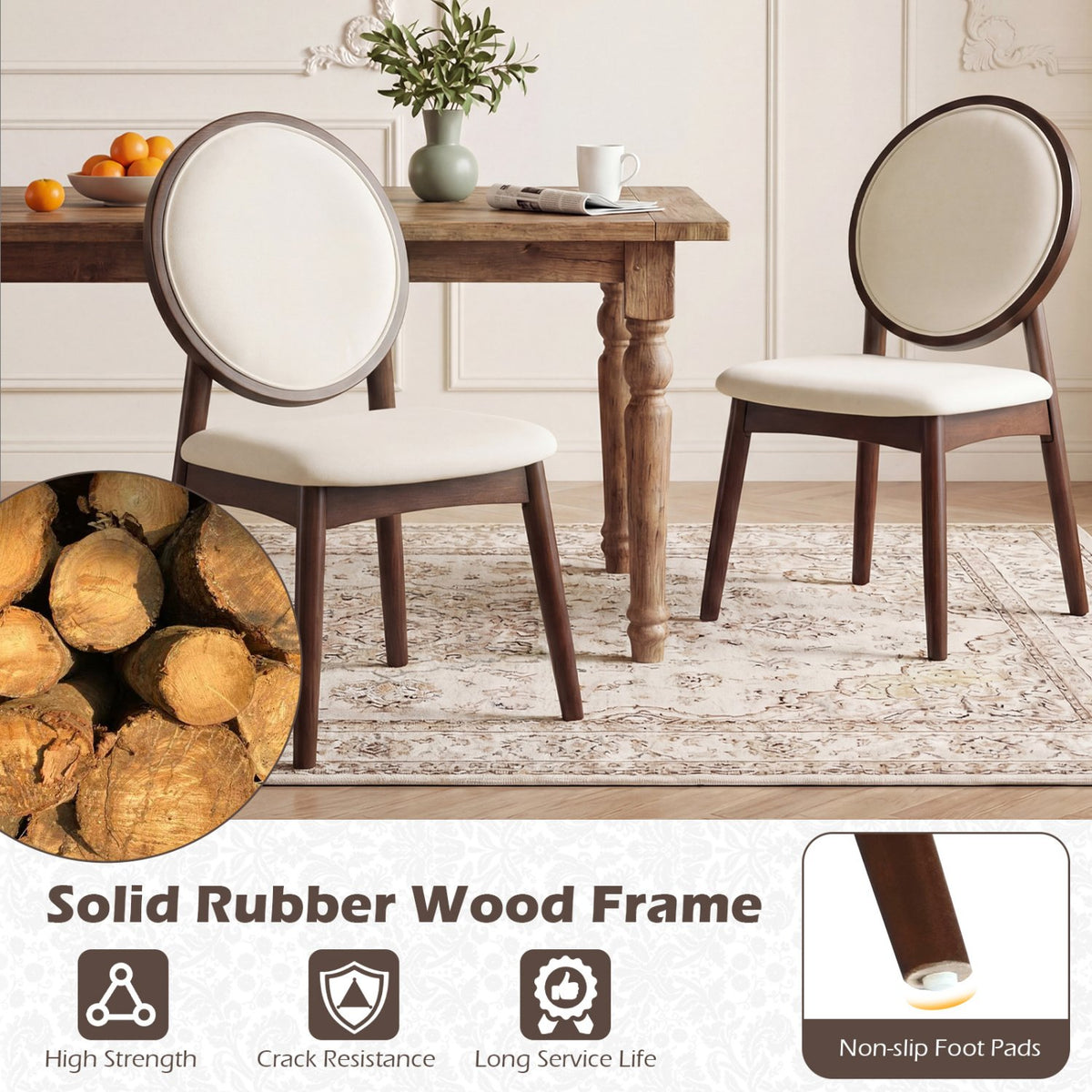 Set of 2 Upholstered Linen Fabric Kitchen Side Chairs with Padded Seat-Beige view 6