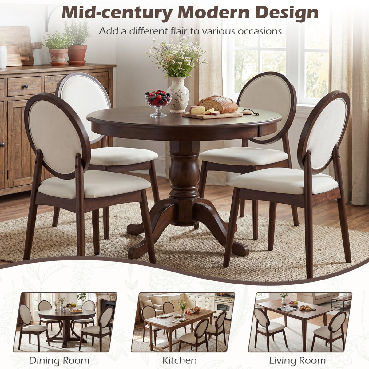 Set of 2 Upholstered Linen Fabric Kitchen Side Chairs with Padded Seat-Beige view 7