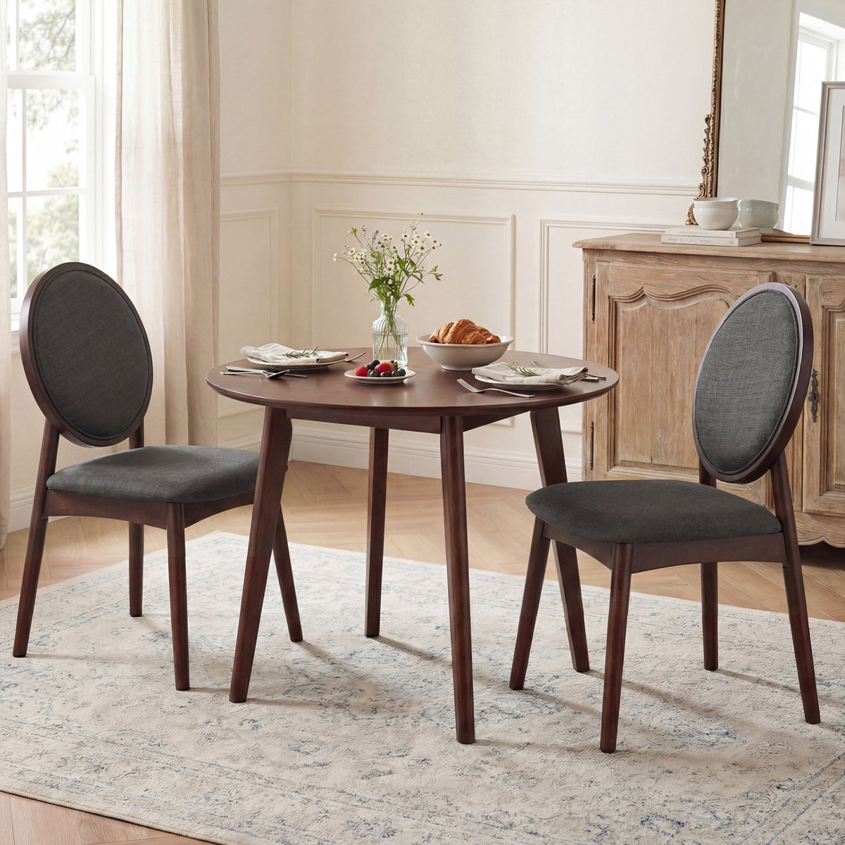 Set of 2 Upholstered Linen Fabric Kitchen Side Chairs with Padded Seat-Black view 2