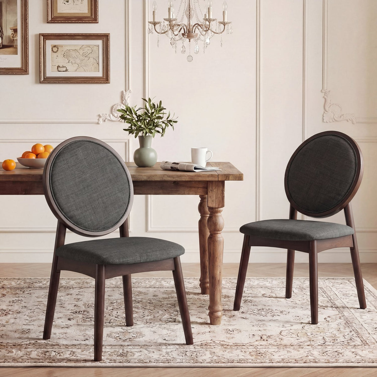 Set of 2 Upholstered Linen Fabric Kitchen Side Chairs with Padded Seat-Black view 3