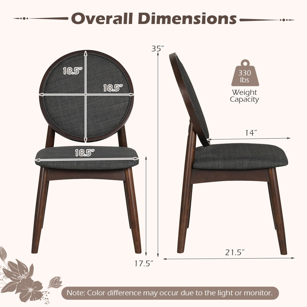 Set of 2 Upholstered Linen Fabric Kitchen Side Chairs with Padded Seat-Black view 4