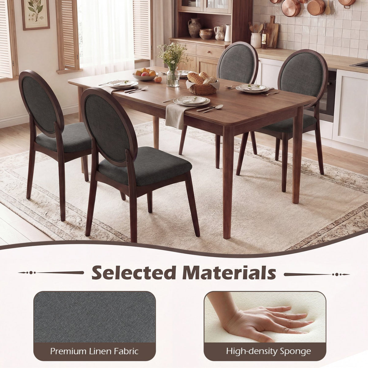 Set of 2 Upholstered Linen Fabric Kitchen Side Chairs with Padded Seat-Black view 6