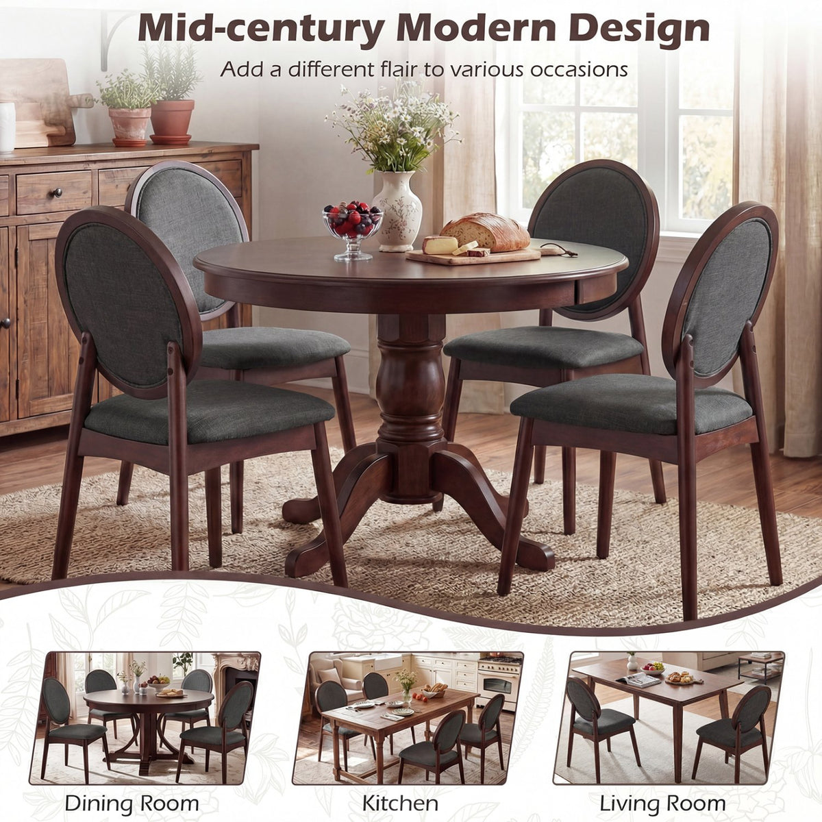 Set of 2 Upholstered Linen Fabric Kitchen Side Chairs with Padded Seat-Black view 8