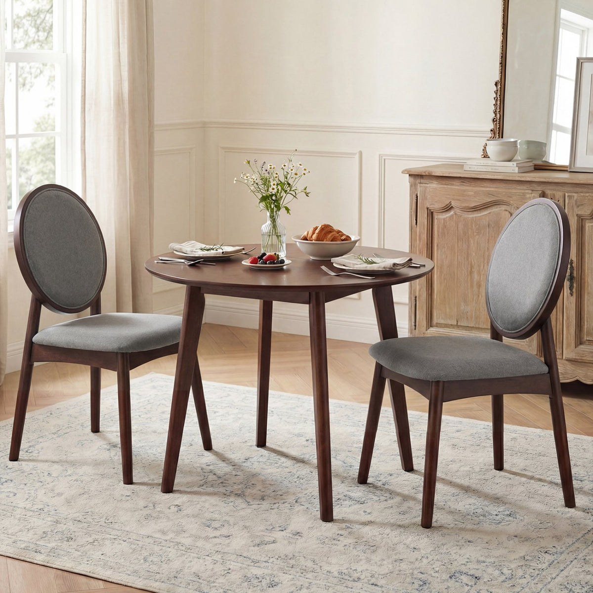Set of 2 Upholstered Linen Fabric Kitchen Side Chairs with Padded Seat-Gray view 2