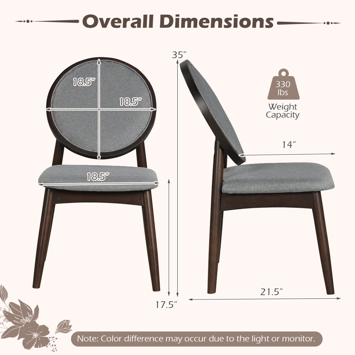 Set of 2 Upholstered Linen Fabric Kitchen Side Chairs with Padded Seat-Gray view 4