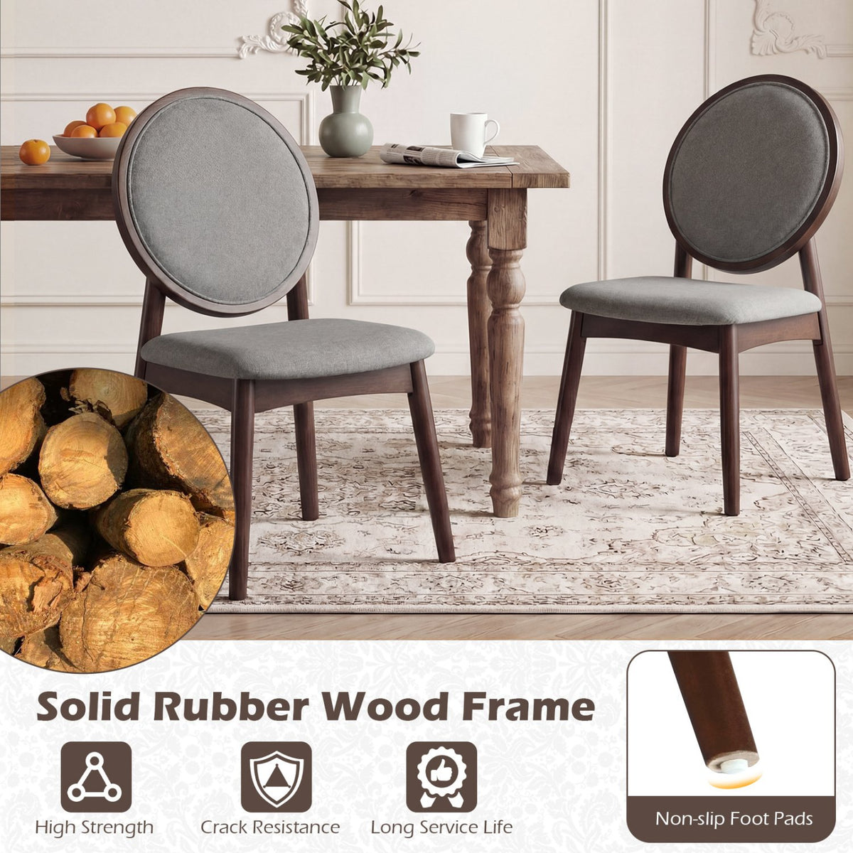 Set of 2 Upholstered Linen Fabric Kitchen Side Chairs with Padded Seat-Gray view 6