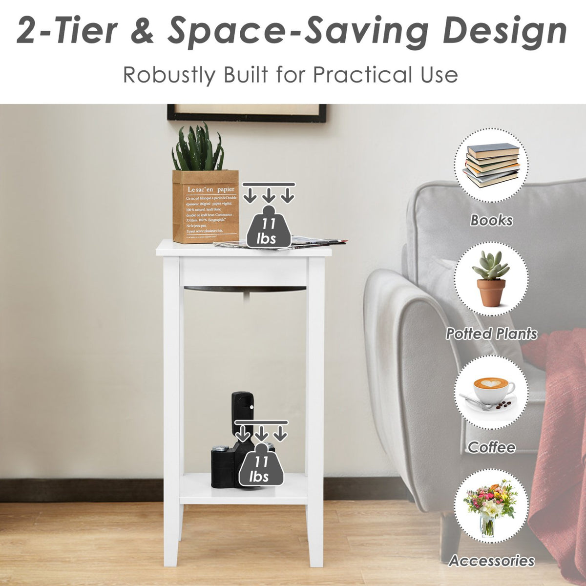 Set of 2 Versatile 2-Tier End Table with Storage Shelf-White view 7