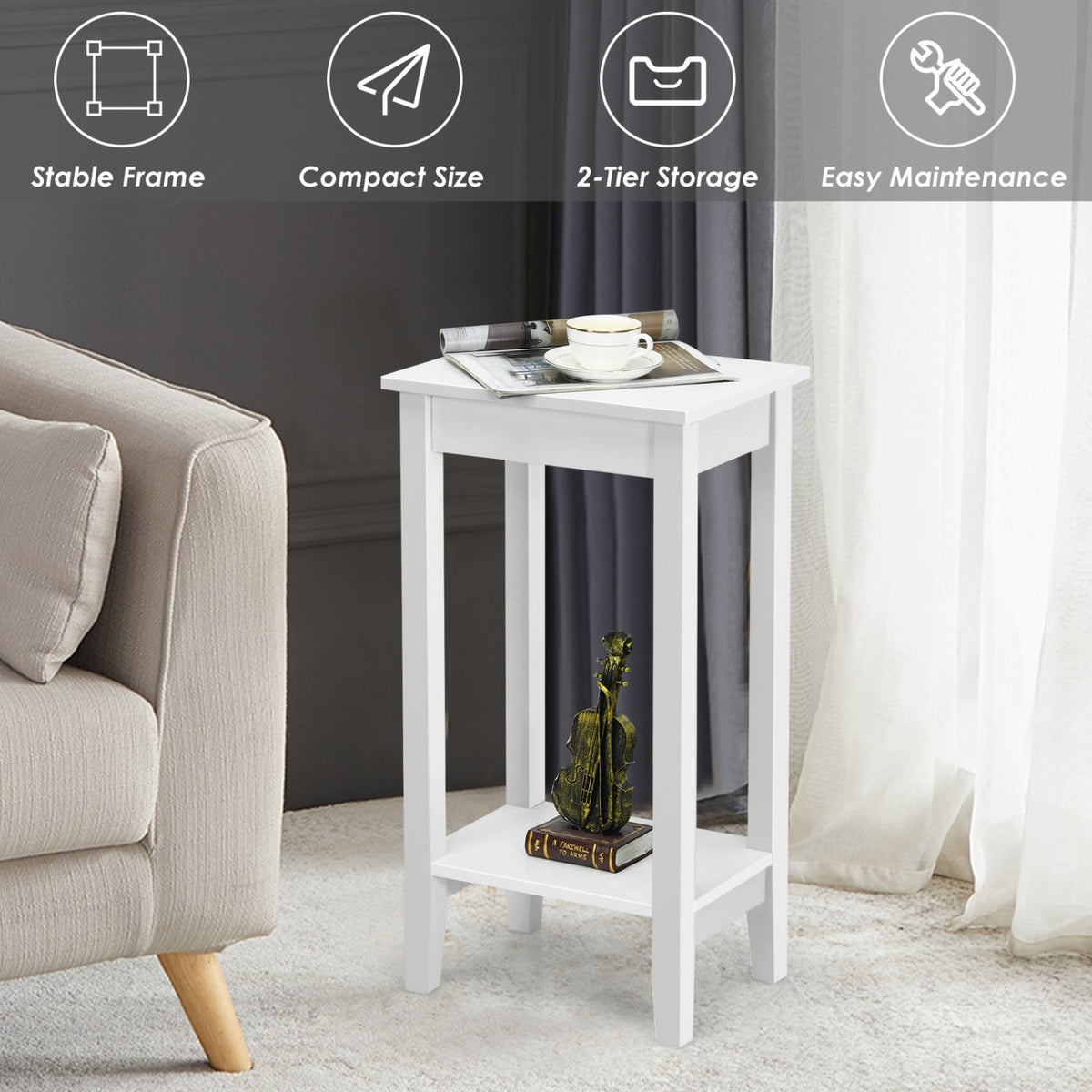 Set of 2 Versatile 2-Tier End Table with Storage Shelf-White view 8