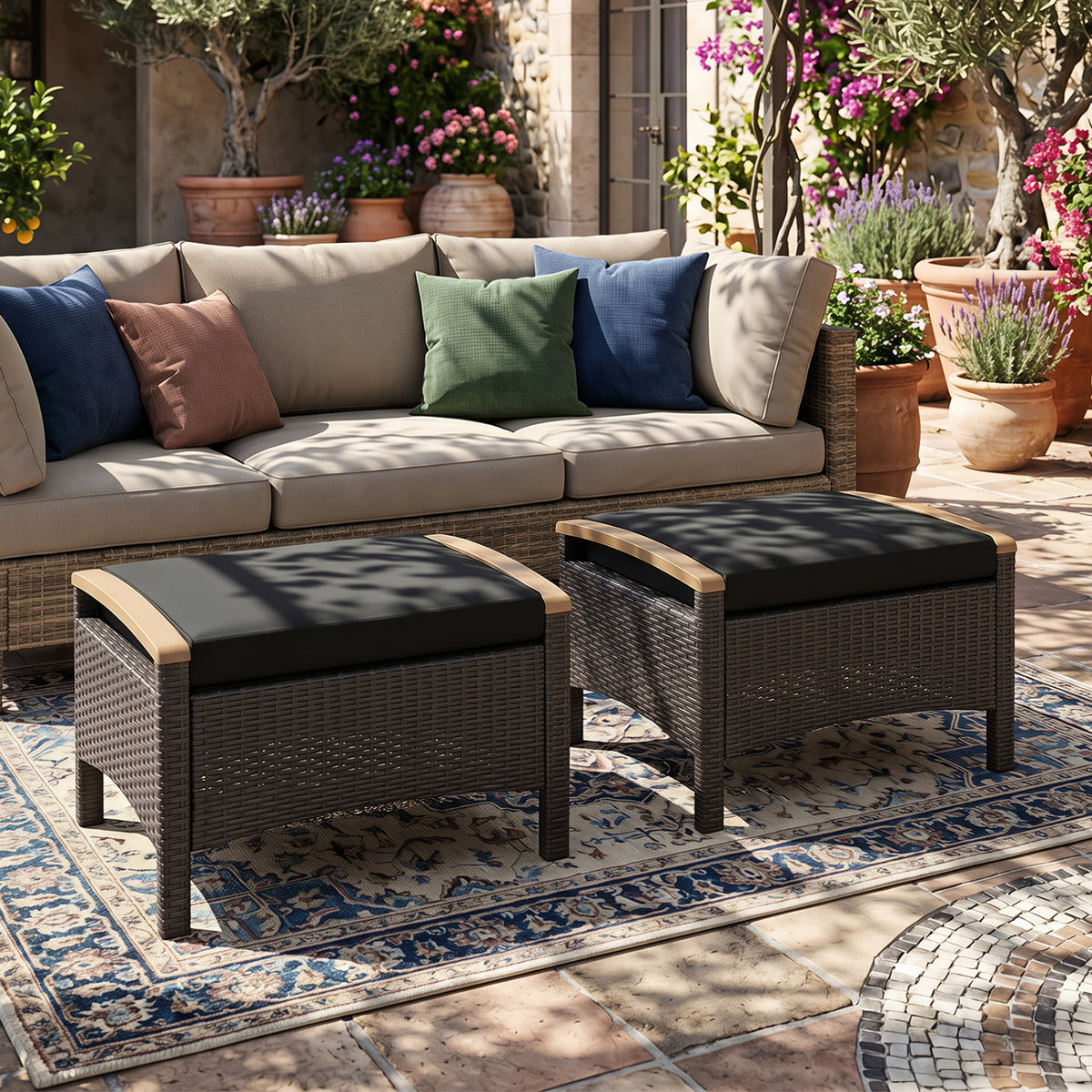 Set of 2 Wicker Patio Ottoman Fade-Resistant Foot Rest with Cushion-Black view 2