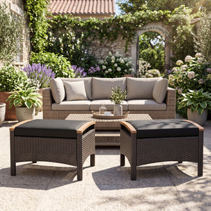 Set of 2 Wicker Patio Ottoman Fade-Resistant Foot Rest with Cushion-Black view 3
