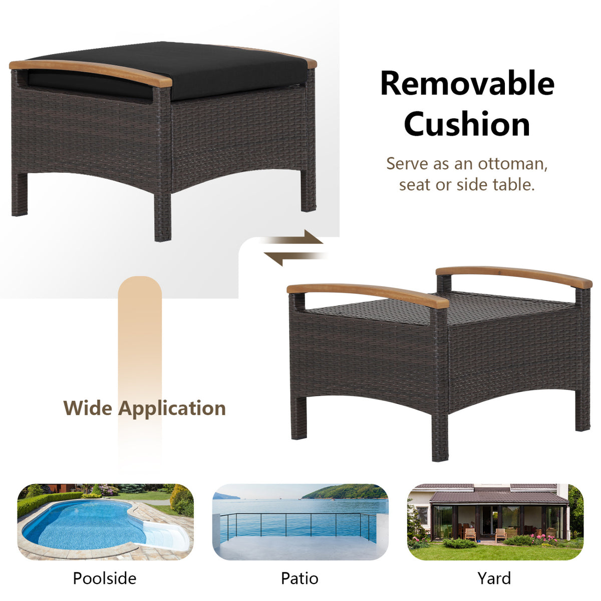 Set of 2 Wicker Patio Ottoman Fade-Resistant Foot Rest with Cushion-Black view 7