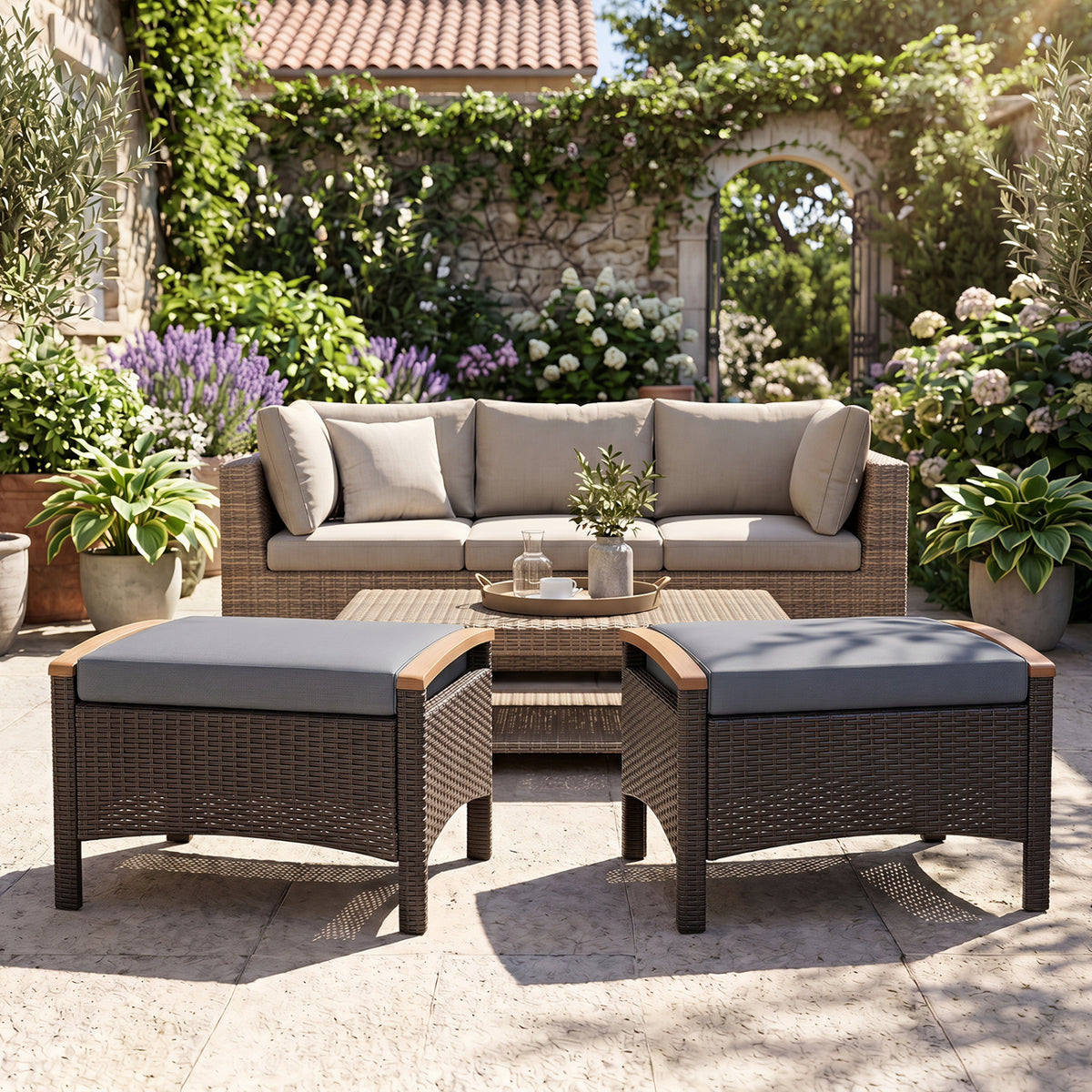 Set of 2 Wicker Patio Ottoman Fade-Resistant Foot Rest with Cushion-Gray view 3