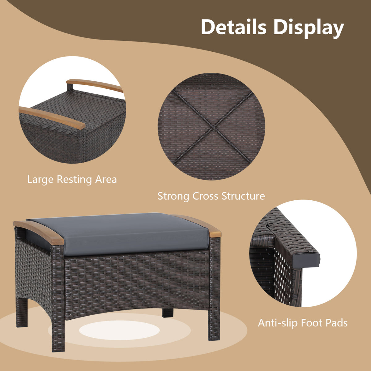 Set of 2 Wicker Patio Ottoman Fade-Resistant Foot Rest with Cushion-Gray view 9