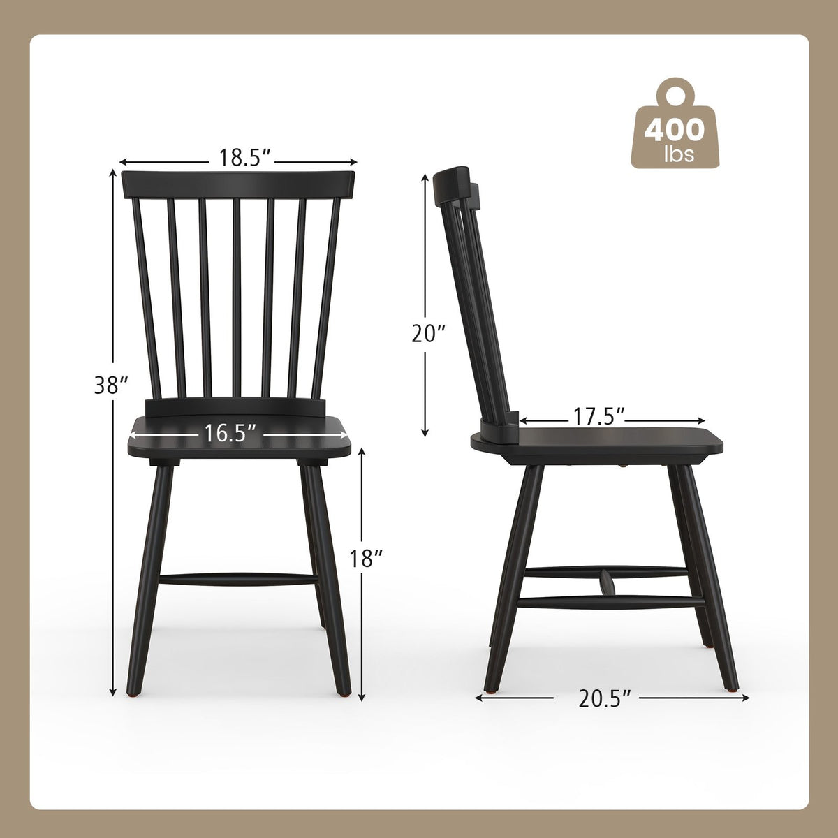 Set of 2 Windsor Dining Chairs with High Spindle Back-Black view 4