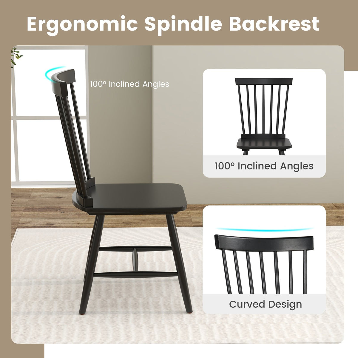 Set of 2 Windsor Dining Chairs with High Spindle Back-Black view 6