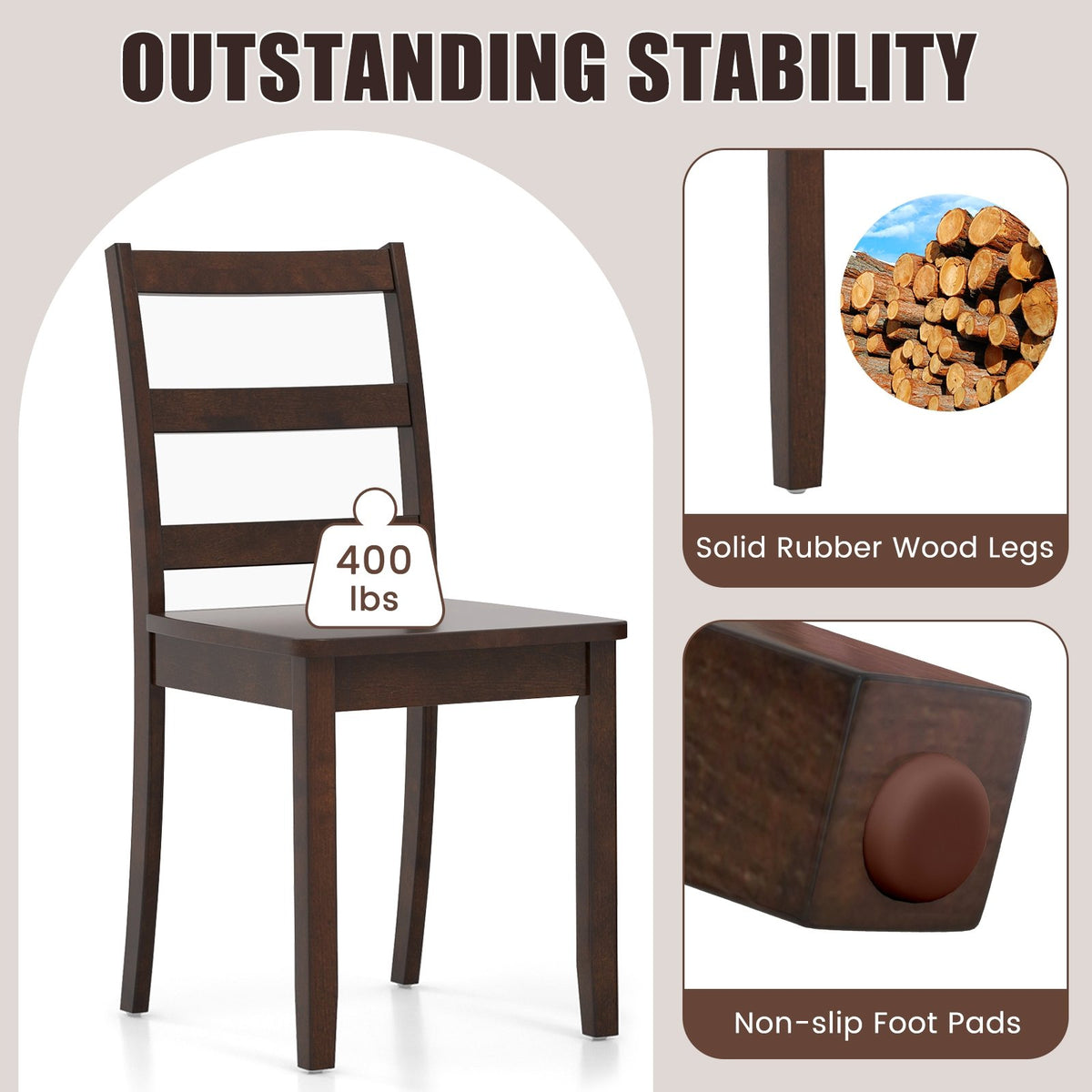 Set of 2 Wood Dining Chairs with Solid Rubber Wood Legs-Brown view 6