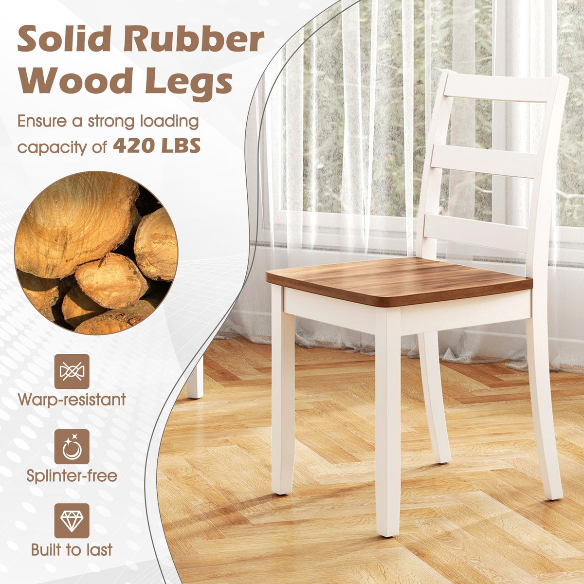Set of 2 Wood Dining Chairs with Solid Rubber Wood Legs-Rustic Brown view 7