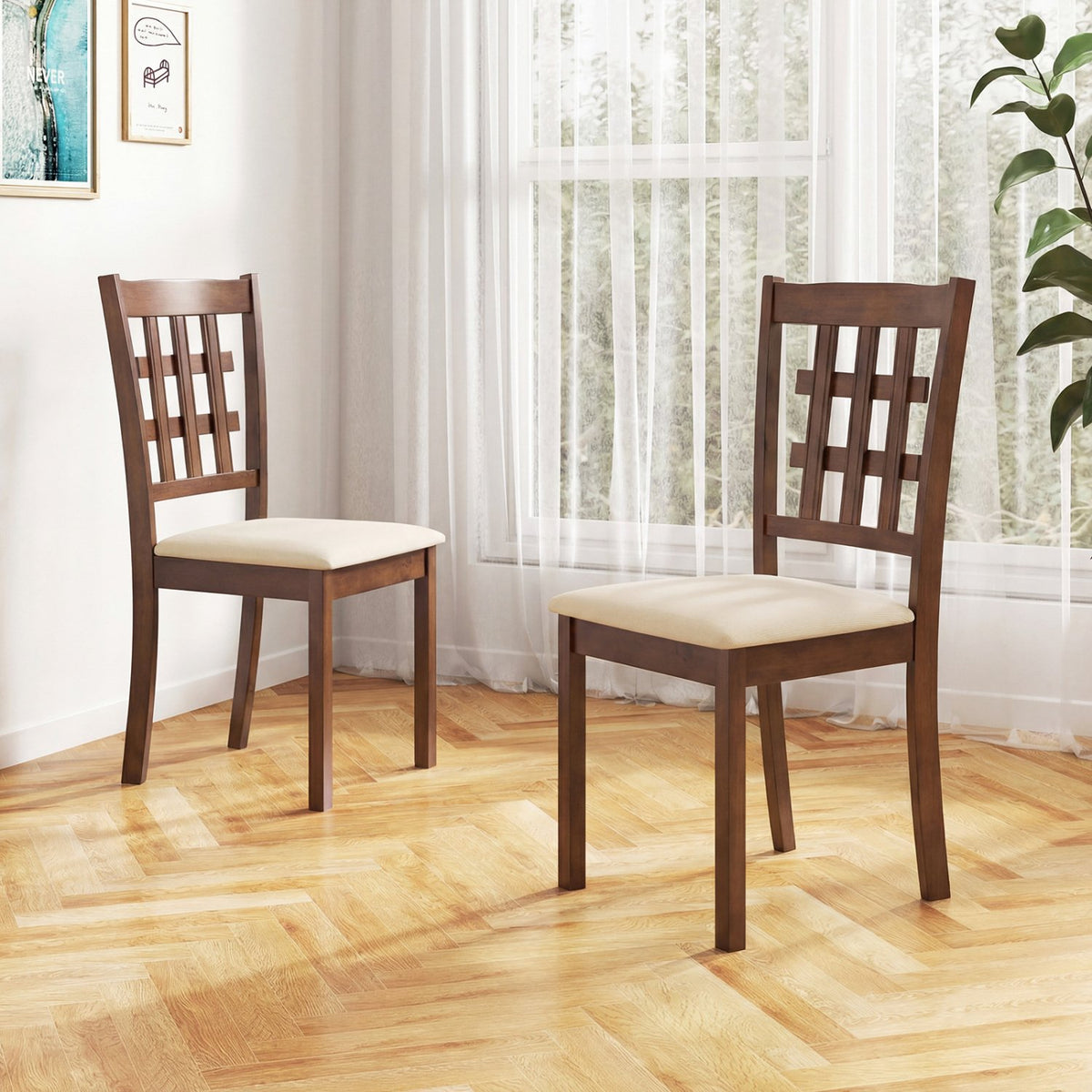 Set of 2 Wood Kitchen Chairs with Faux Leather Upholstered Seat-Coffee view 2