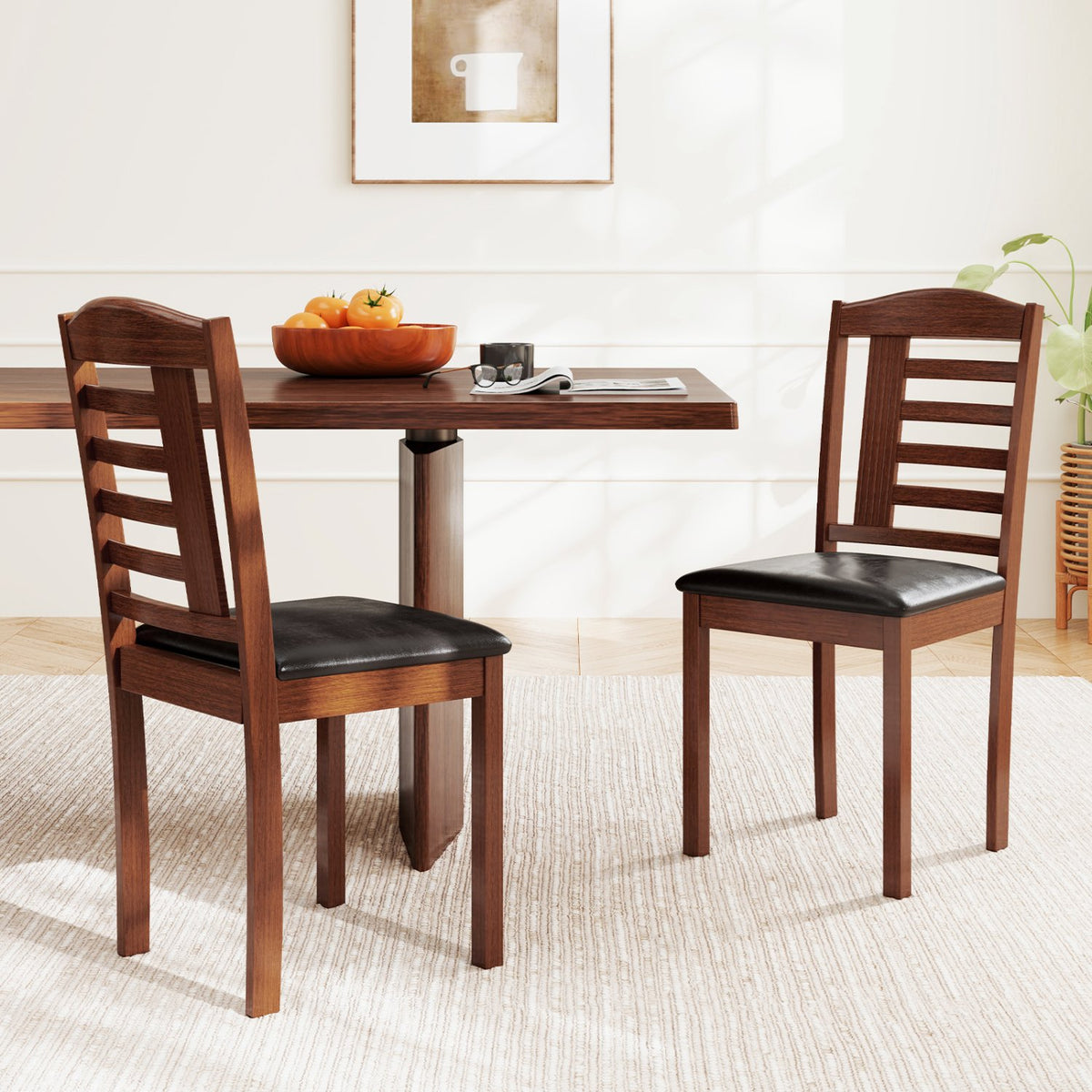 Set of 2 Wood Kitchen Chairs with Faux Leather Upholstered Seat-Black view 2