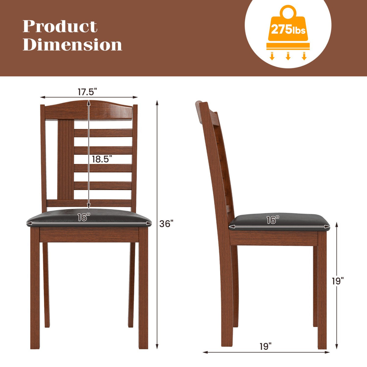 Set of 2 Wood Kitchen Chairs with Faux Leather Upholstered Seat-Black view 4