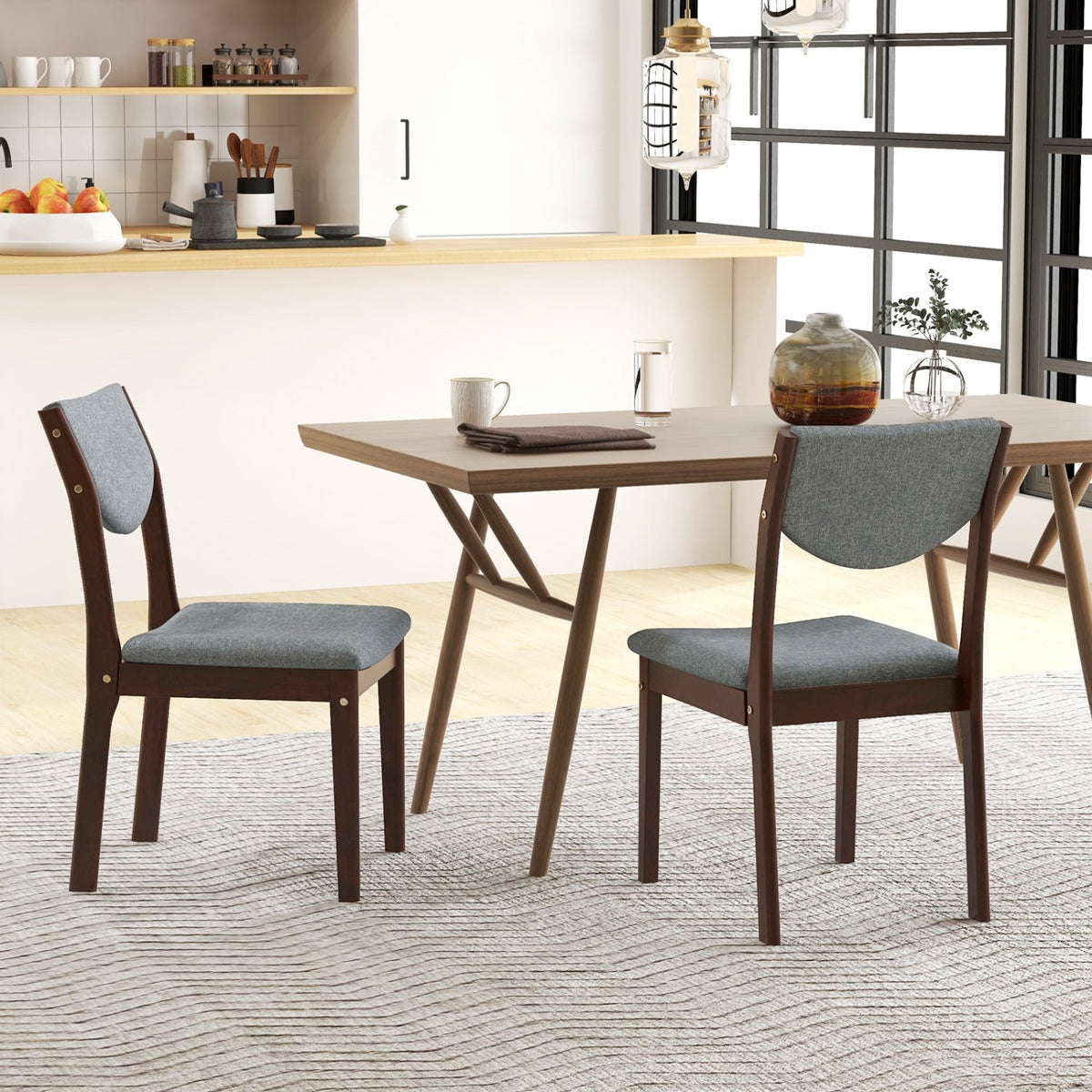 Set of 2 Wood Kitchen Chairs with Faux Leather Upholstered Seat-Gray view 3