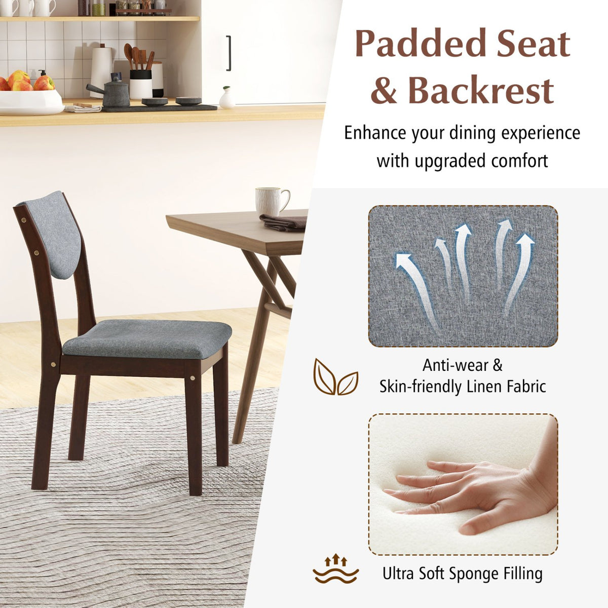 Set of 2 Wood Kitchen Chairs with Faux Leather Upholstered Seat-Gray view 9