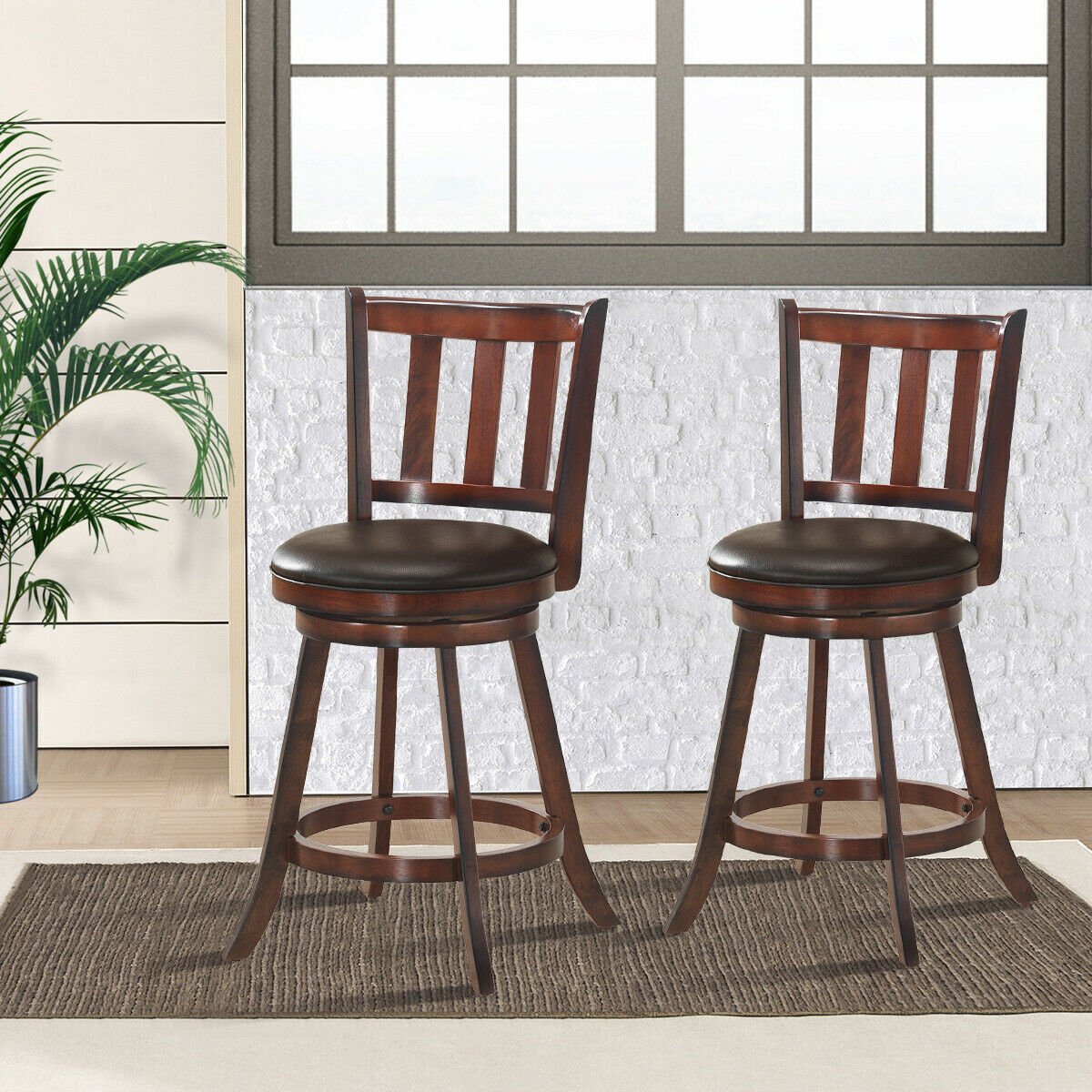 Set of 2 Wood Swivel Counter Height Dining Pub Bar Stools with PVC Cushioned Seat-25 Inch view 6