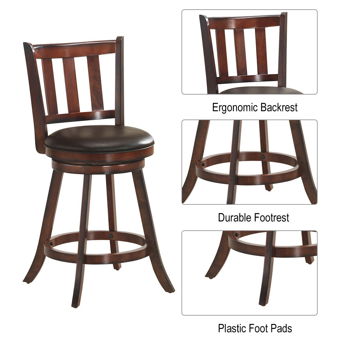 Set of 2 Wood Swivel Counter Height Dining Pub Bar Stools with PVC Cushioned Seat-25 Inch view 7