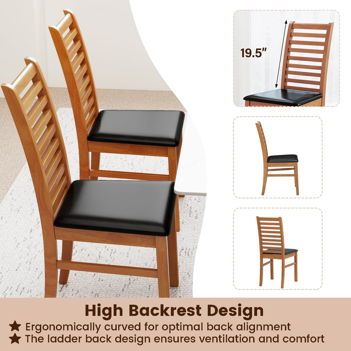 Set of 2 Wooden Dining Chair with Rubber Wood Legs for Living Room-Brown view 5