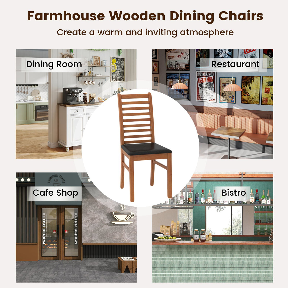 Set of 2 Wooden Dining Chair with Rubber Wood Legs for Living Room-Brown view 6