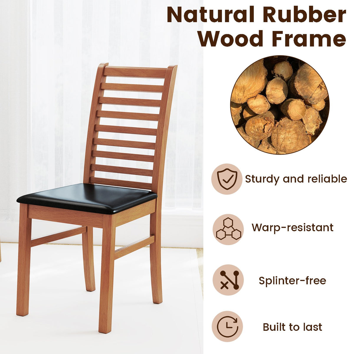 Set of 2 Wooden Dining Chair with Rubber Wood Legs for Living Room-Brown view 7