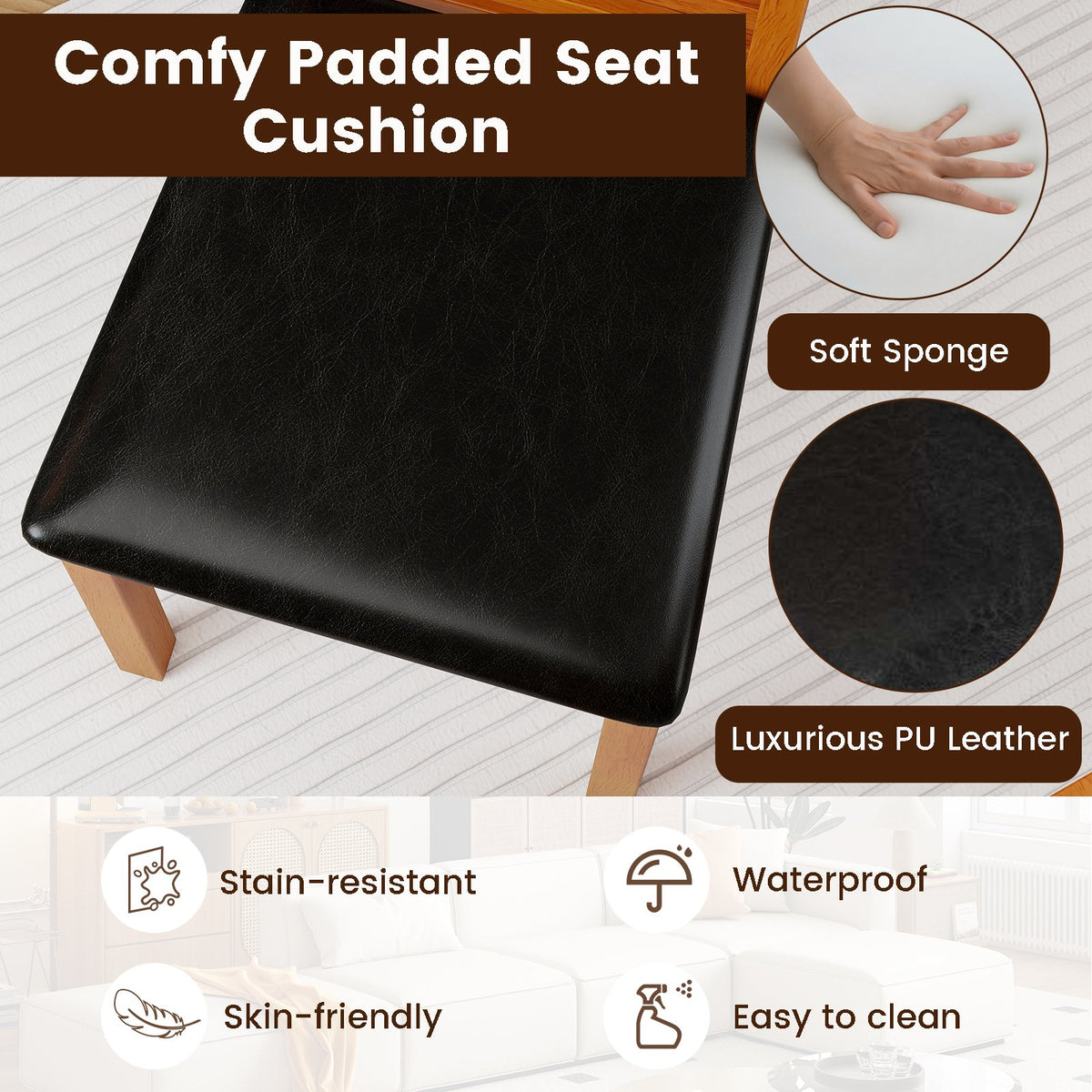 Set of 2 Wooden Dining Chair with Rubber Wood Legs for Living Room-Brown view 8