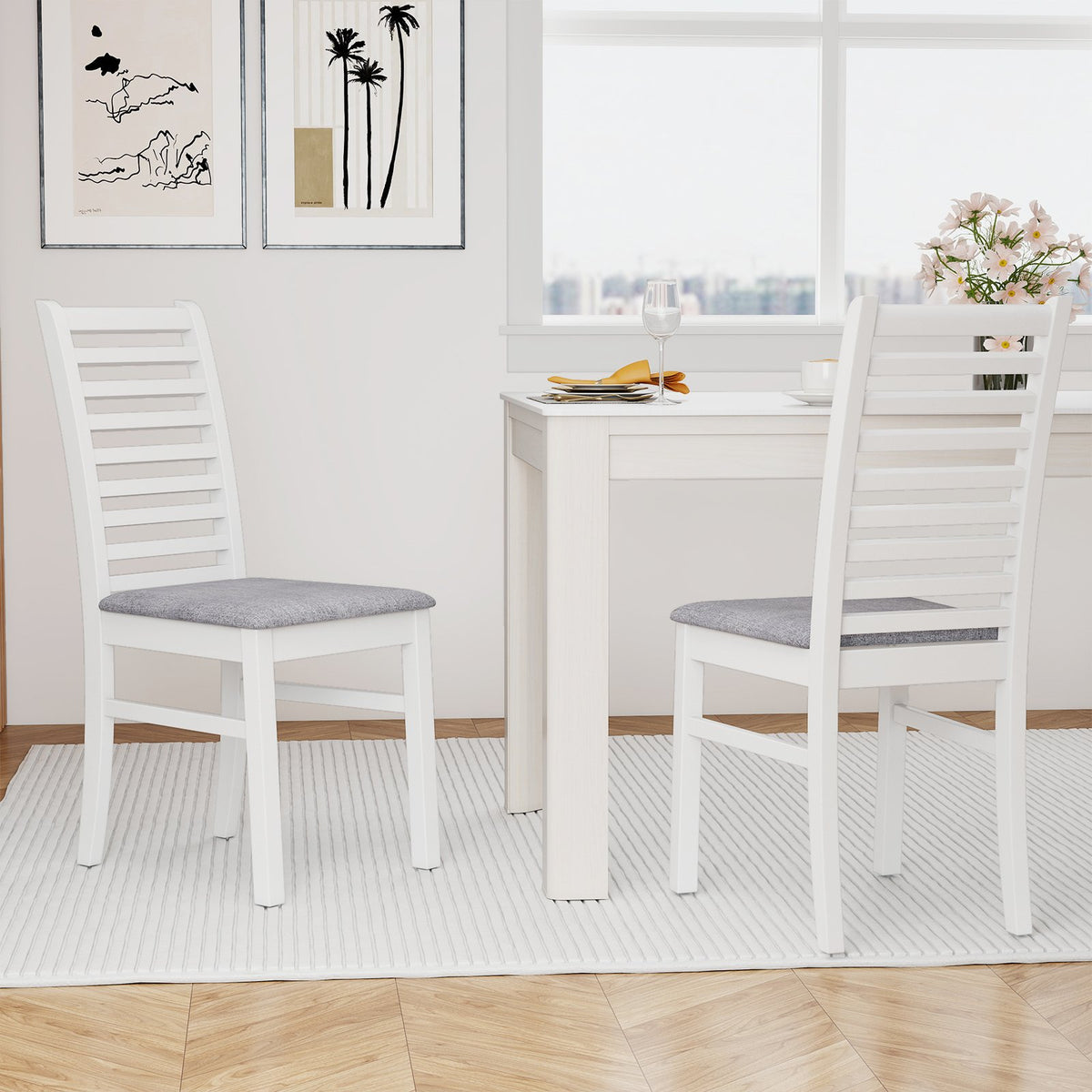 Set of 2 Wooden Dining Chair with Rubber Wood Legs for Living Room-White view 3