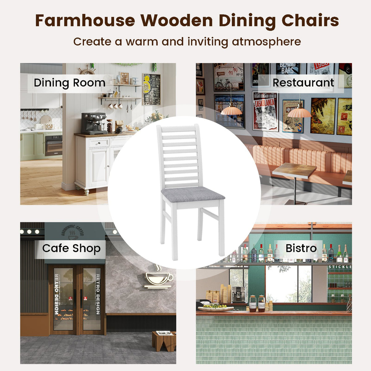 Set of 2 Wooden Dining Chair with Rubber Wood Legs for Living Room-White view 6