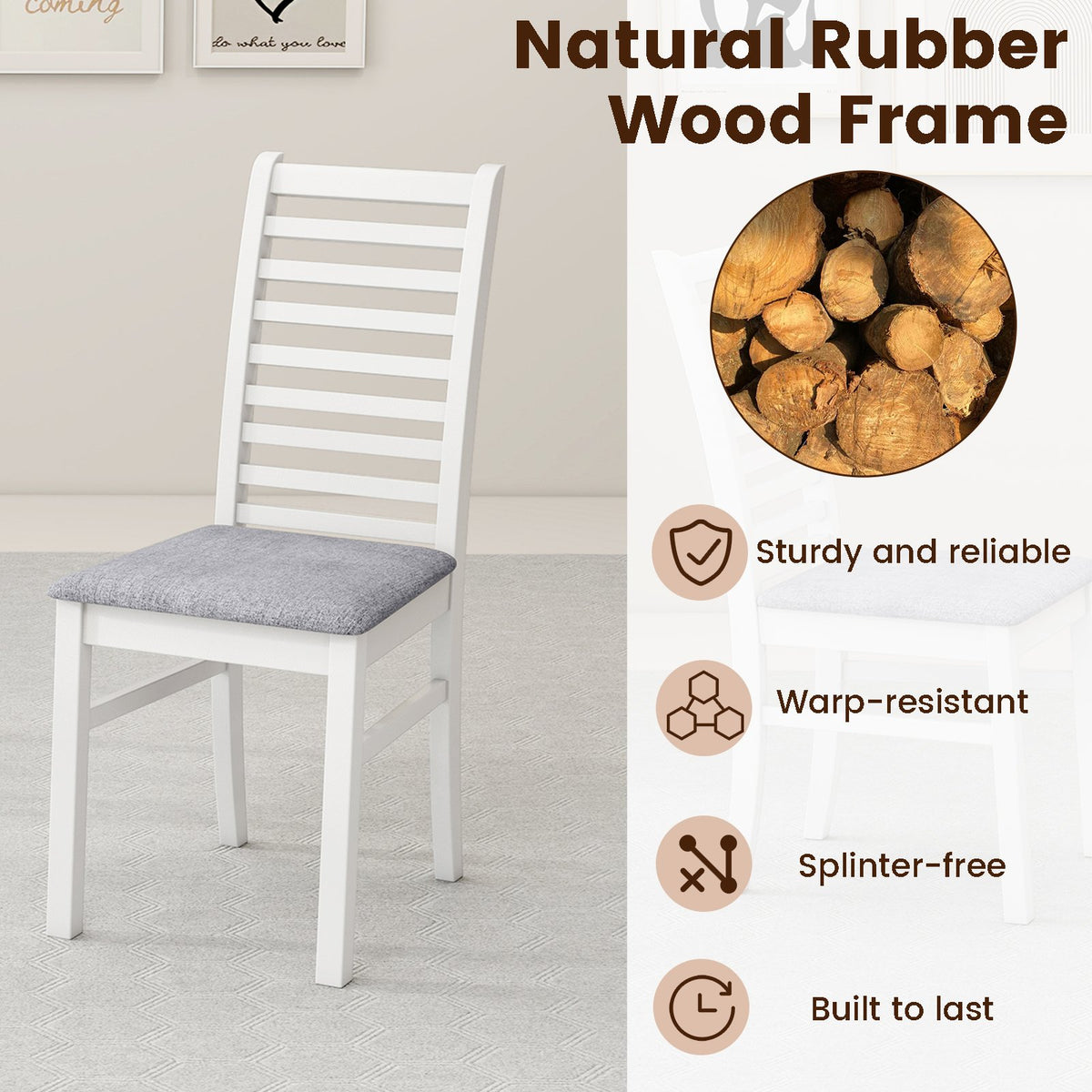 Set of 2 Wooden Dining Chair with Rubber Wood Legs for Living Room-White view 7