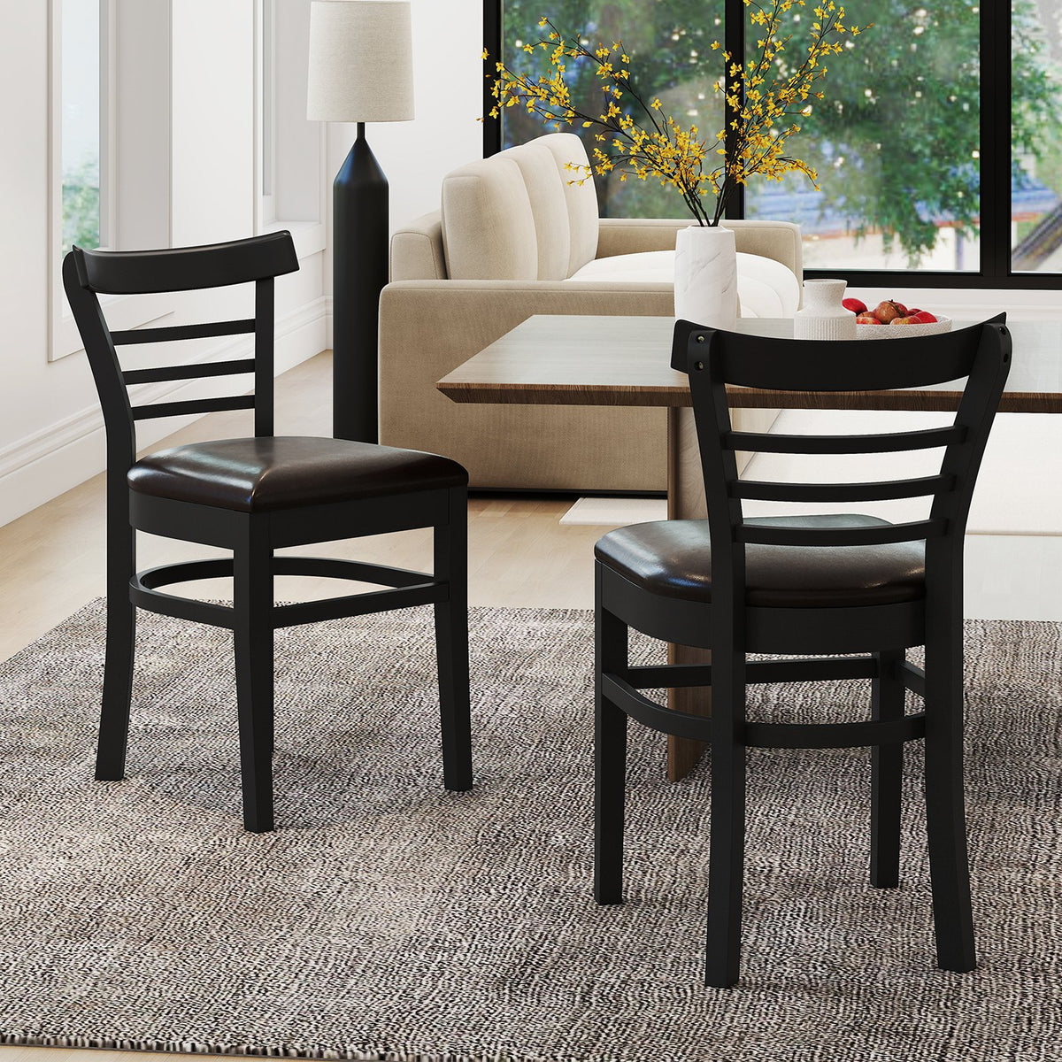 Set of 2 Wooden Dining Chair with Rubber Wood Legs for Restaurant-Black view 3